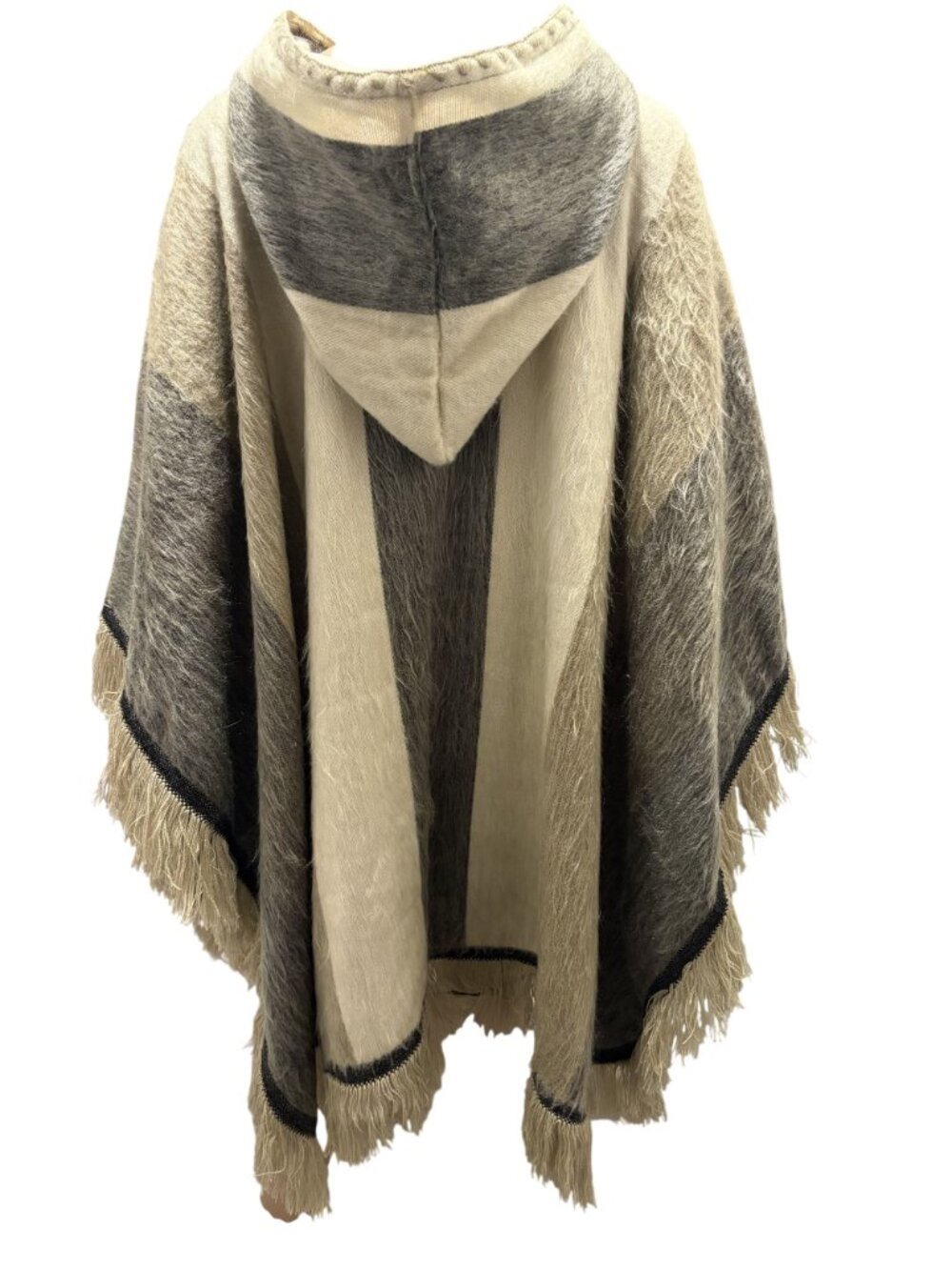 Alpaca Wool Blend Open Poncho with Hoodie One Size - Picture 3 of 3